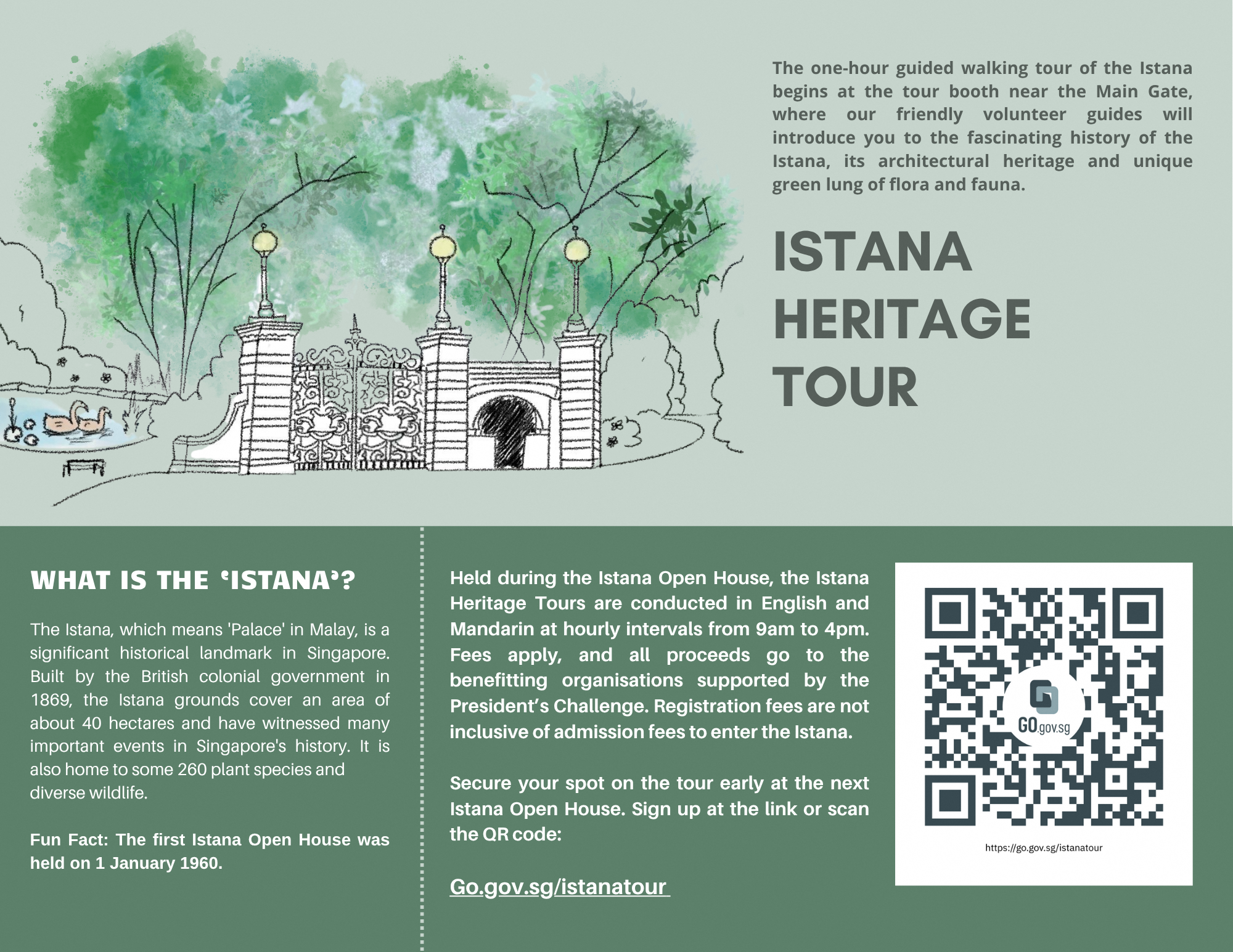 Istana Heritage Tour flyer with gate sketch, tour details, QR code, and sign-up link.